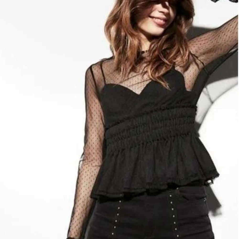 EXPRESS Black Swiss Dot Mesh Smocked Peplum Top Long Sleeve EUC Size‎ XS